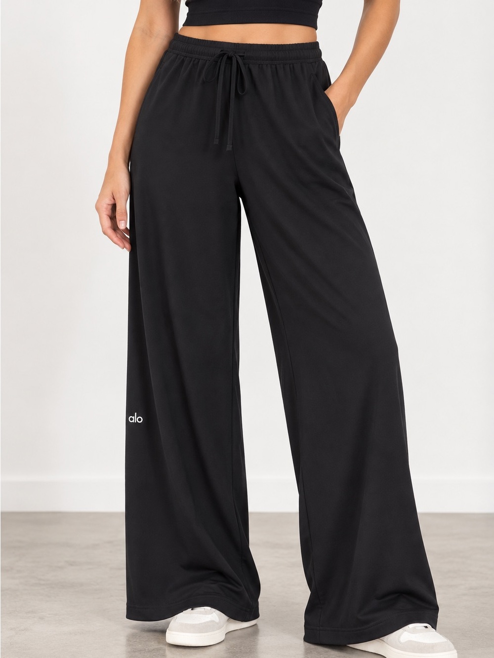 Alo Black Wide Leg Lounge Pants Drawstring High Rise--ALO logo on back of leg